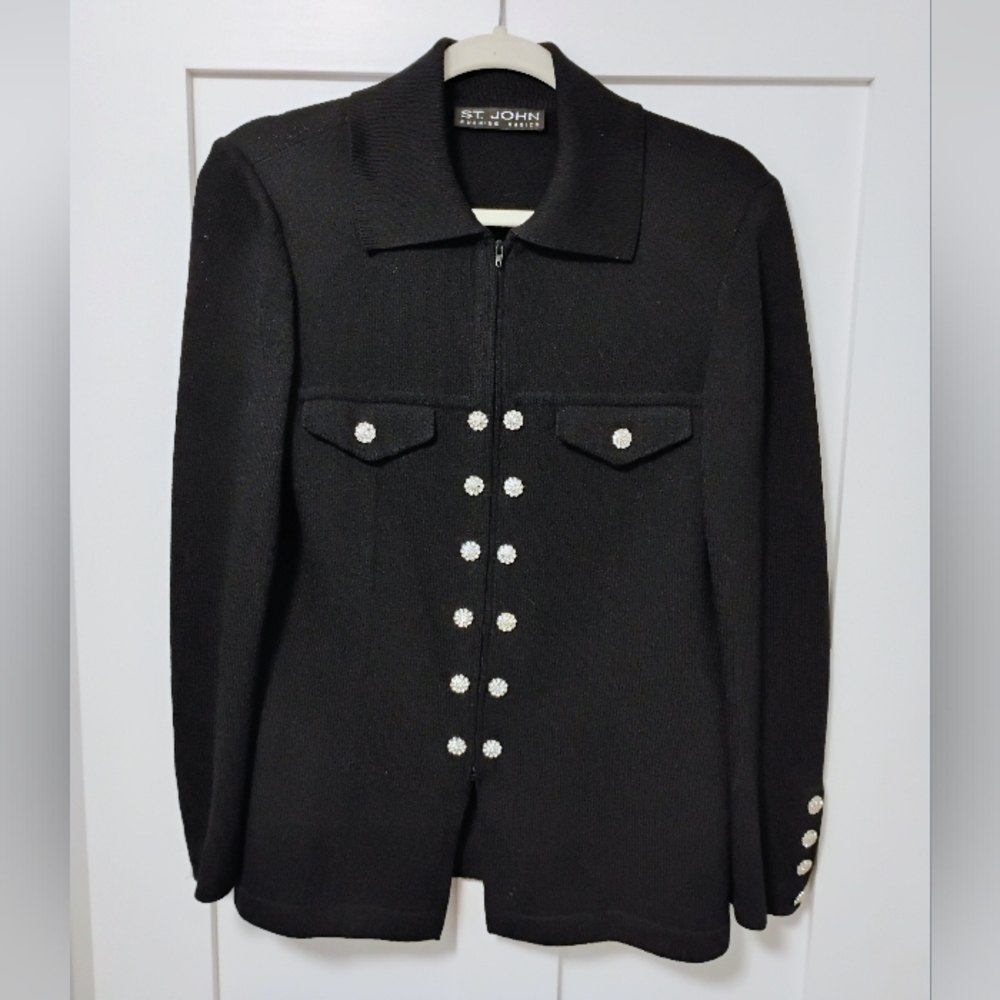 st john evening Elegant  Black Collared Jacket With Rhinestone Buttons